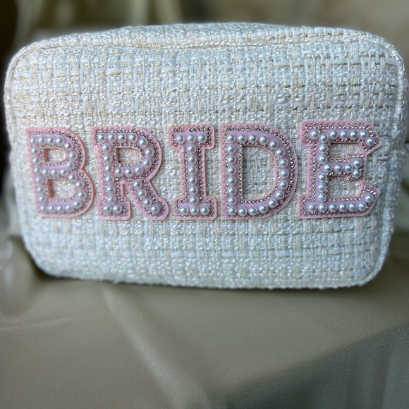 Large Tweed Bride Cosmetic Bag w/ Pearl & Rhinestone Personalized Letter Patches - Picture 7 of 10